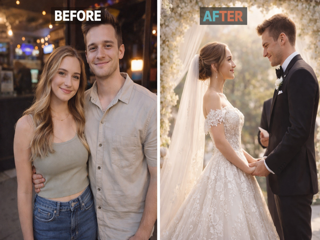 Couple transformed into a wedding scene