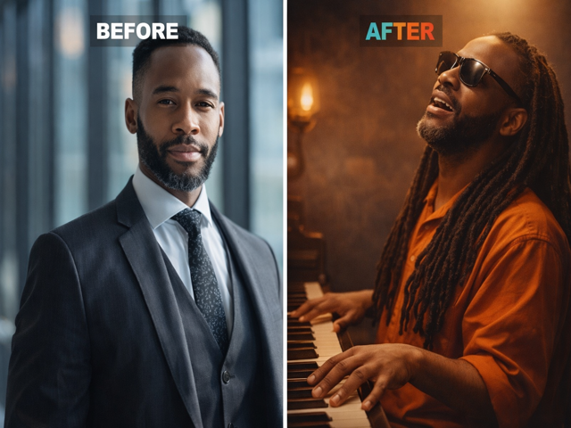 Professional portrait transformed into a musician scene