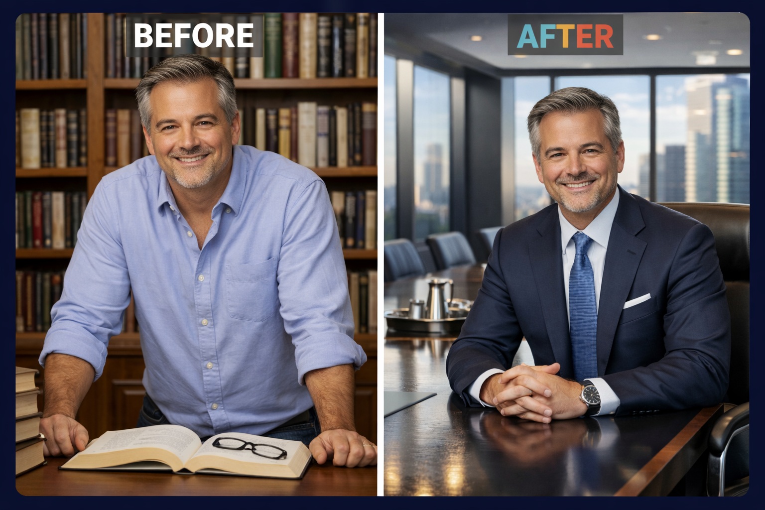 Before and after example showing a man transformed from a casual library setting to a luxury office boardroom